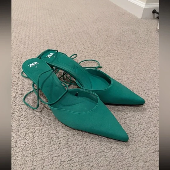 Zara Teal Pointed Lace-Up Kitten Heels - Picture 2 of 4